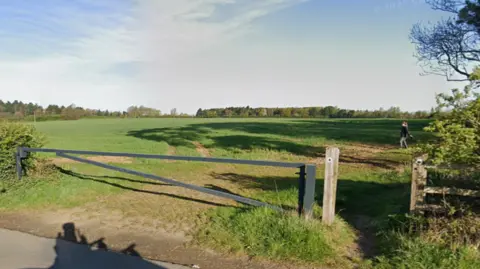 Green fields with some woodland in the distance. The fields are separated from the road by a gate. A person can be seen walking in the field to the right of the photo. 