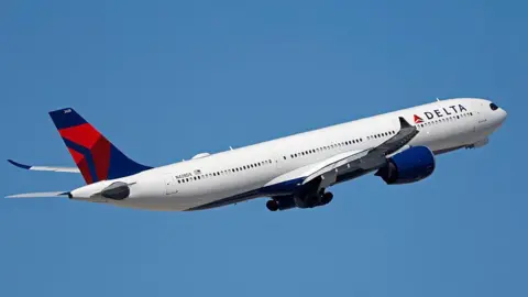 A Delta Air Lines Airbus A330 airplane departs from Harry Reid International Airport