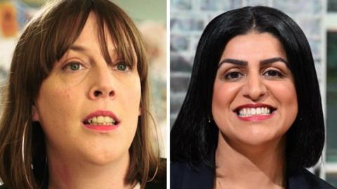Jess Phillips is on the left with Shabana Mahmood on the right. Ms Phillips has long brown hair to her shoulders and has big hooped earrings, we can only see her face. Ms Mahmood has long black hair to her shoulders, is smiling and has red lipstick and we can also only see her face