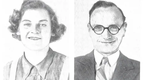 Pauline Tasker Black and white images of Peggy and Len Tasker sit side by side. She has short hair and is wearing a blouse with a pin at the neck. He has thick round spectacles, a suit jacket, white shirt and striped tie. 