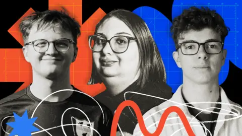 BBC composite images indicate three corpse case studies for this story - DENGTE, Lotte and Stairy - that shown in the head and splendor. Against a black background behind them is a blue and orange pattern, with orange drawn, blue and white lines on background.