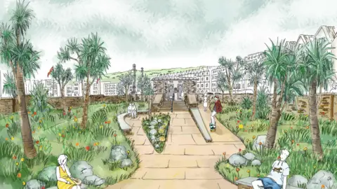 Douglas City Council An artist's impression of Marine Garden five, there are curved patches of grass and plants, someone on a skateboard rides down a ramp, there is also a curved bench on the other side of the garden.