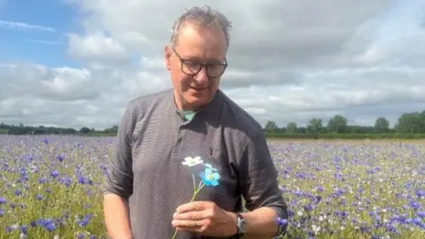 St Richard's Hospice A man with white hair wearing glasses and a grey henley shirt with long sleeves looks down at a sprig of metal blue and purple metal forget-me-not flowers in his hand. Behind him a field of forget-me-nots can be seen.