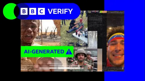 A series of screengrabs taken from AI-generated videos, overlayed with BBC Verify branding and a green label that reads 'AI-GENERATED'