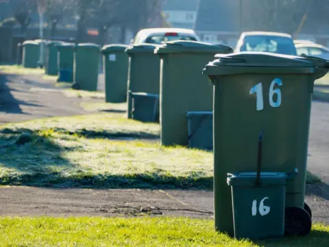 A line of green rubbish bins sitting on lawns.