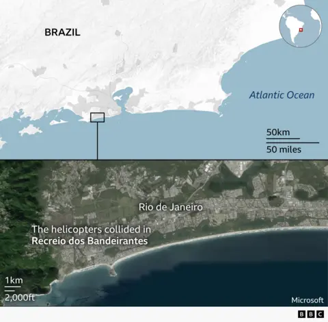 Two-part graphic showing the location of a helicopter collision in Brazil. The top panel is a simplified map of south‑east Brazil, highlighting the Atlantic Ocean coastline and the general area of Rio de Janeiro, with a small inset globe showing Brazil’s position in South America. The bottom panel is a satellite image of the Rio de Janeiro coastline with text marking Recreio dos Bandeirantes as the area where the helicopters collided. The coastline, urban areas, hills, and ocean are visible.