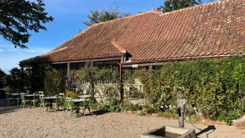 Beresford Street Kitchen An outdoor seating area with a cafe building covered in greenery

