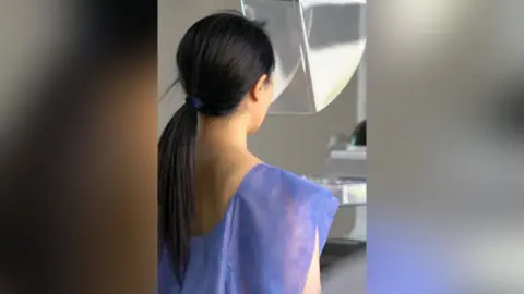 Person in a medical gown undergoes a mammogram screening.