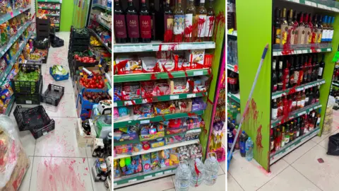 Simona Girininkaite The inside of a supermarket, with three images put together, showing red paint on the floor, on items, food and drink. 