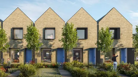 Middlesbrough Council A CGI illustration of homes which will be built at Middlehaven. The homes all have plants growing outside with trees between every front door. The homes are made of pale bricks with large windows on both storeys. 