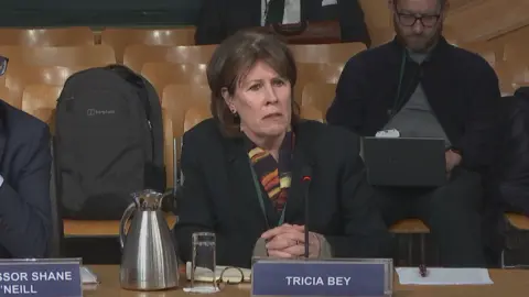 Scottish Parliament Tricia Bey, a woman with brown hair, wearing a blue jacket and pattered scarf, sits at a committee table