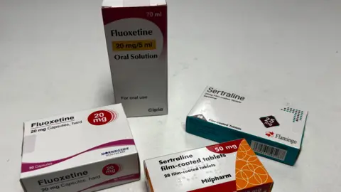 There are four boxes of antidepressants. There are two different brands fluoxetine and sertraline. 