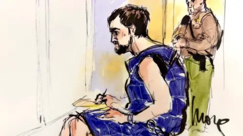 A courtroom sketch shows Nick Reiner wearing a blue protective vest as he makes his first court appearance in Los Angeles, California, U.S., on 17 December 2025 on murder charges in the killing of his parents.