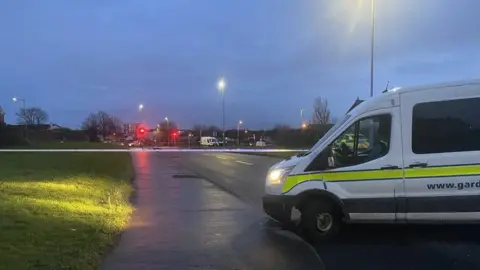 RTÉ Police tape beside grass and a white, blue and yellow garda vehicle near the scene of a collision at Ratoath Road in Finglas.