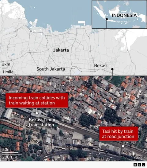 
Composite map and satellite graphic illustrating the location and details of a train crash in Indonesia. An inset map at the top right highlights the Indonesian archipelago, with a marker pointing to the Jakarta region on the island of Java. The main map shows greater Jakarta, labeling Jakarta, South Jakarta, and the nearby city of Bekasi, with roads and waterways visible and a distance scale indicating kilometres and miles. Below, a high‑resolution satellite image focuses on a dense urban area in East Bekasi, showing tightly packed housing, railway tracks running horizontally across the image, and nearby roads. The location of Bekasi Timur train station is marked. Red text boxes indicate two incident points: one at the station where an incoming train collided with a train waiting on the platform, and another at a nearby road junction where a taxi was struck by a train. 