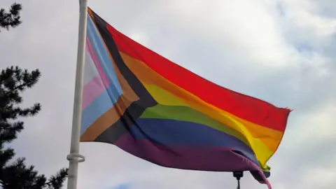 A Progress Pride flag, featuring the traditional rainbow stripes alongside a chevron of black, brown, light blue, pink, and white stripes, flies from a white flagpole against a cloudy sky, with pine tree branches visible on the left.