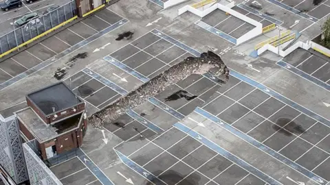 Chris Holloway An aerial image showing the collapse of the top deck at the Walkden Street car park in Mansfield
