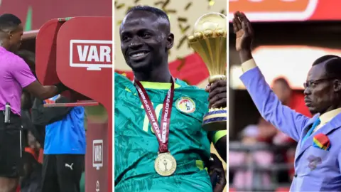 A split image showing a referee consulting a pitchside monitor for a VAR check, Sadio Mane wearing a green Senegal kit and winner's medal while holding the Africa Cup of Nations trophy and Michel Nkuka Mboladinga holding his right arm aloft in tribute to former DR Congo prime minister Patrice Lumumba