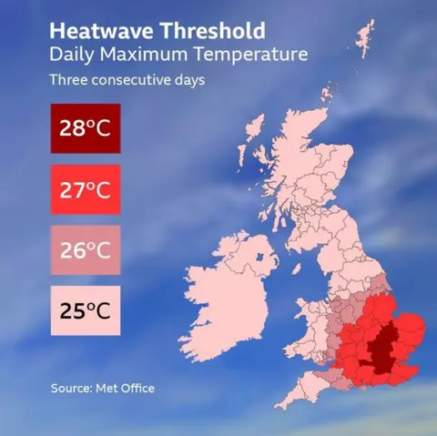 Map of the UK with counties and districts colour-coded, to show the threshold temperature needed over three consecutive days, to meet the definition of a heatwave.