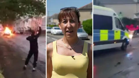 Composite of three images. Left: a figure in a tracksuit celebrates as a car is seen burning in the background. Centre: A woman with brown hair and a yellow top. Right: A hooded youth in a red tracksuit kicking a police van