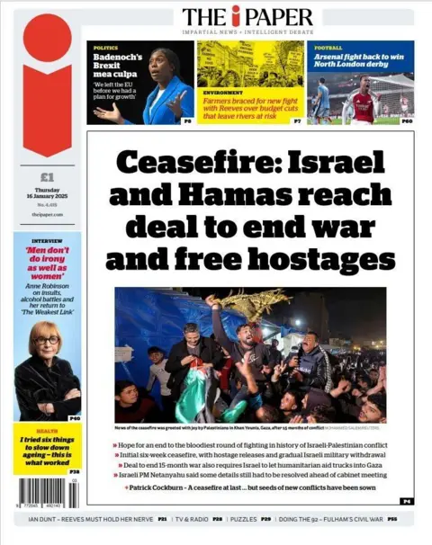 The headline on the front page of I is as follows: "Ceasefire: Israel and Hamas reach agreement to end war and free hostages"