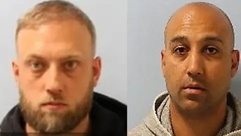 Two side-by-side police custody images. On the left, Luke Robinson, a slim man with blonde hair and a short beard. On the right, a slim, bald man.