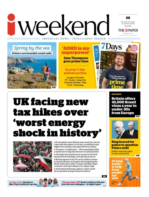 "UK facing new tax hikes over 'worst energy shock in history'," reads the headline on the front page of the i Weekend.