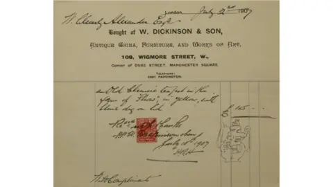Woolley & Wallis A receipt showing the sale of the wine pitcher in 1907 for £45.