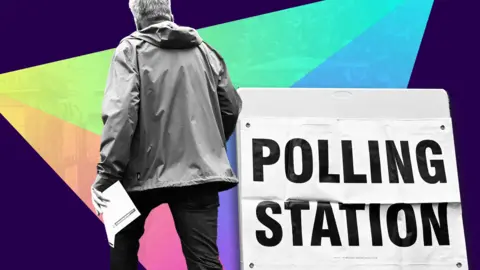A black and white image of a man walking away. Next to him is a large sign reading "polling station". They are in front of a purple background with a stylised colourful triangle.