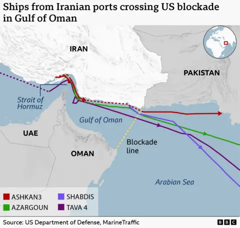 A map showing the US blockade line which runs south-west from Iran's land border with Pakistan to the tip of the Omani coast.  Also showing the routes taken by four ships from Iranian ports crossing the blockade line.