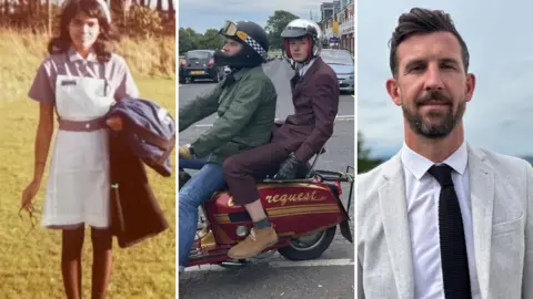 Three side-by-side images. On the left, an old photograph showing a young girl in a 1970s nurse's uniform. In the middle, a young man in a dark red suit rides on the back of a moped. On the right, a man with dark hair and a beard wears a light grey suit and black tie.