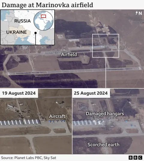 Satellite images of Marynovka airport before and after drone attack