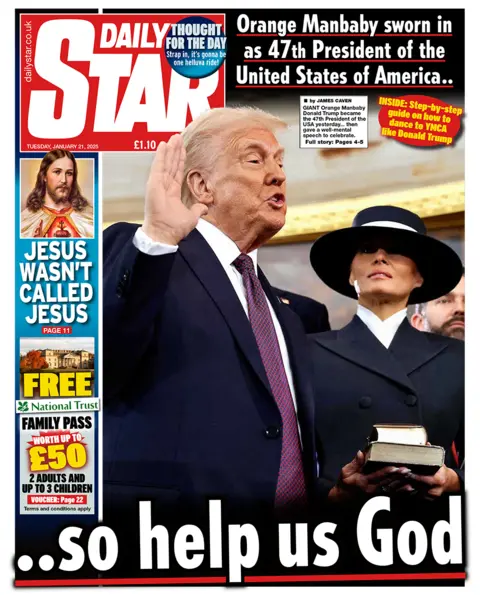 The headline in the Daily Star reads: "Orange Manbaby Sworn In As 47th President Of The United States... So Help Us God", 