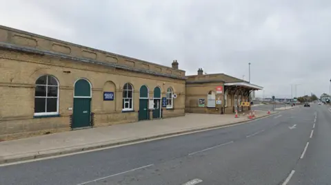 Exterior view of Lowestoft Railway station with the road outside. 