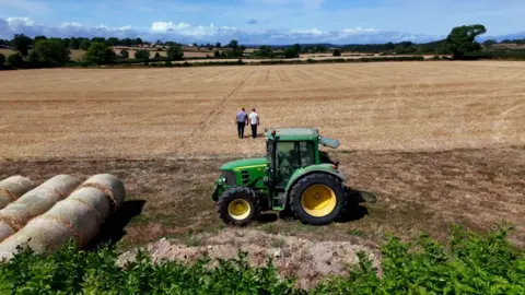 An aerial view of the field, which shows a green tractor parked to one side, next to rows of haybails. William Maughan, a small figure in the middle, walks through it. There are still tracks in the ground from the industrial vehicles used in the harvest.