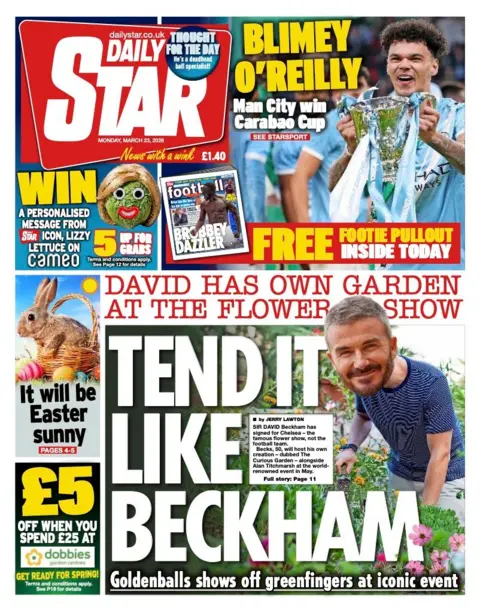 The headline of the front page of the Daily Star reads: "Tend It Like Beckham."