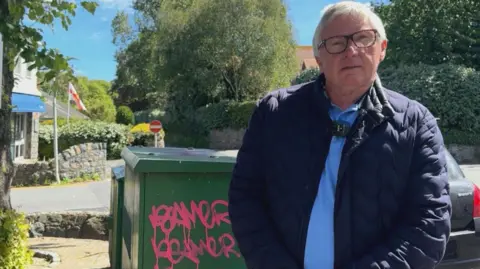 BBC A man with white hair and glasses on the right of the screen. he is wearing a blue jacket and blue coat. To his left there is an electricity box with pink graffiti 