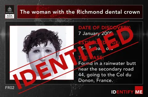 Interpol A poster with a black background and red and white writing on it. To the left is an illustration of a woman's face. Identified is written in large capital letters across the poster on an angle