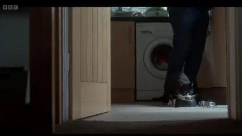 A black and white cat, Spud, eats from a metal food bowl on the floor in a kitchen. Someone's legs wearing black pants are behind him. A washing machine and kitchen cupboards can also be seen behind the cat.