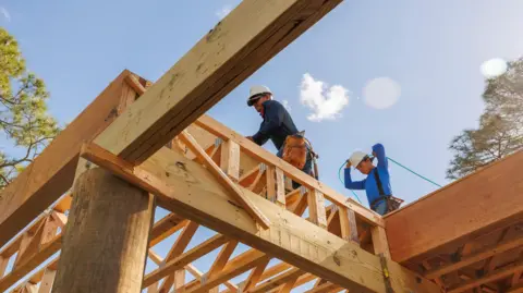 Low angle view of carpenters working on the rooftop of a construction frame. There are trees in the background and it is a sunny day.