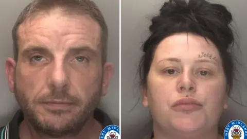 Mug shots of Melvin Winters and Jodie James. They are both looking directly into the camera. He is wearing a dark polo shirt with green and white stripes on the collar. She has a lip piercing and a tattoo above her eyebrow.