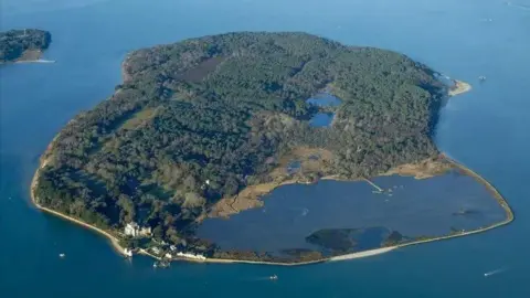 National Trust Areal view of Brownsea Island in Poole Harbour - a small island, mostly covered with trees and with a small number of houses and a lagoon closest to the camera