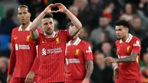 Diogo Jota celebrates his winning goal against Everton
