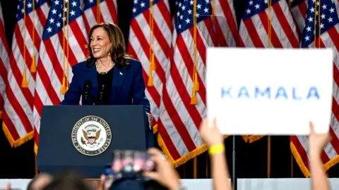 US Vice President Kamala Harris attends a campaign event at West Allis Central High School, in West Allis, Wisconsin, US, on 23 July 2024