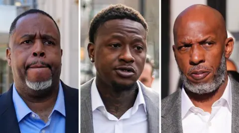 Reuters An image split into three sections with each showing an individual man. From left, it shows Damon Jones in a suit with a light blue shirt, Terry Rozier is in the centre with a grey suit and white shirt, and Chauncey Billups is on the right in a grey suit with a white shirt