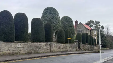 A substantial stone wall with yew trees behind it and a large stone-built property in the distance