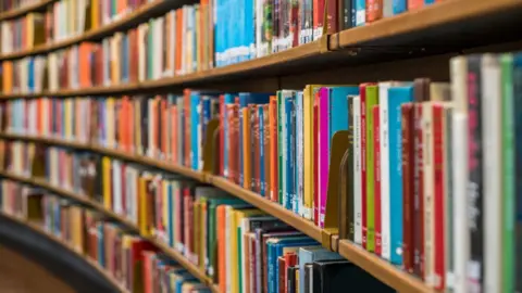 Rows of books on shelves. The books are all different colours. 