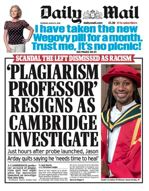 "'Plagiarism professor' resigns as Cambridge investigate" reads the headline on the front page of the Daily Mail.