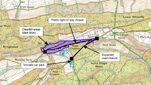 Forestry England A map of the area, with blue lines marking where the trees will be felled at Hazel Coppice. There are black arrows marking the road closure