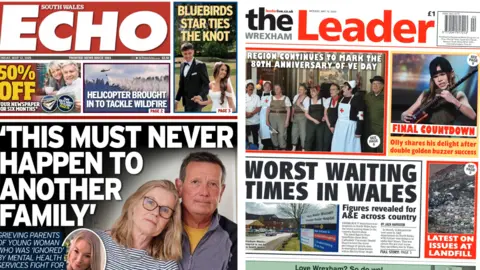 On the left is the front page of the South Wales Echo newspaper with the headline "'This must never happen to another family'". On the right is the front page of the Wrexham Leader with the headline "Worst waiting times in Wales"